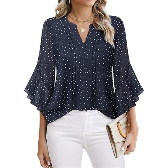 Elegant 3/4 Sleeve Chiffon Blouse – Ruffle Detail Dressy Top for Work - Picture 5 of 5